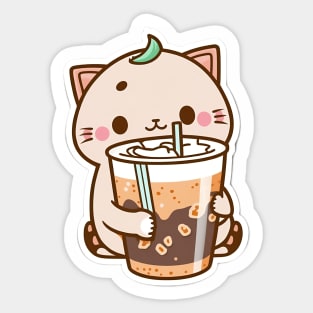 Cute Cat Drinking Bubble Tea Cartoon Boba Drawing Sticker